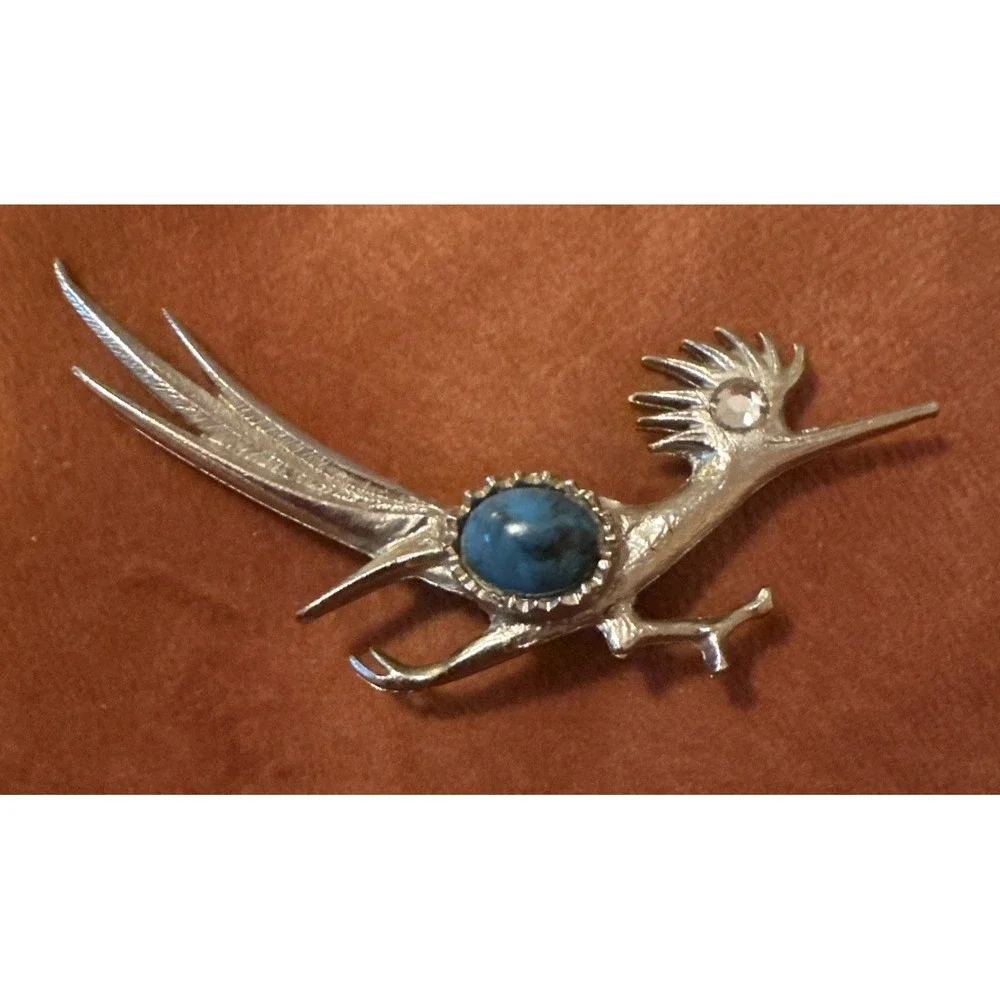 Roadrunmer Brooch  Pin Silver Tone Turquoise Colored Stone 2.5